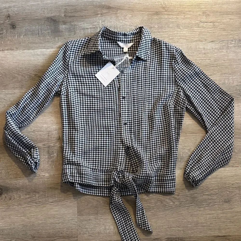 LC Lauren Conrad Navy and White Gingham Tie-Front Shirt